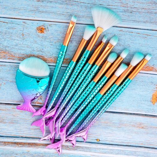 11pcs Makeup Brushes Kit – Mermaid Design, Synthetic Fiber, for Foundation, Eyeshadow, and More - Image 6