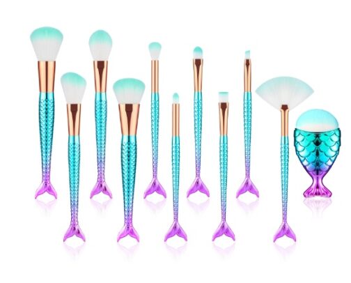 11pcs Makeup Brushes Kit – Mermaid Design, Synthetic Fiber, for Foundation, Eyeshadow, and More - Image 5